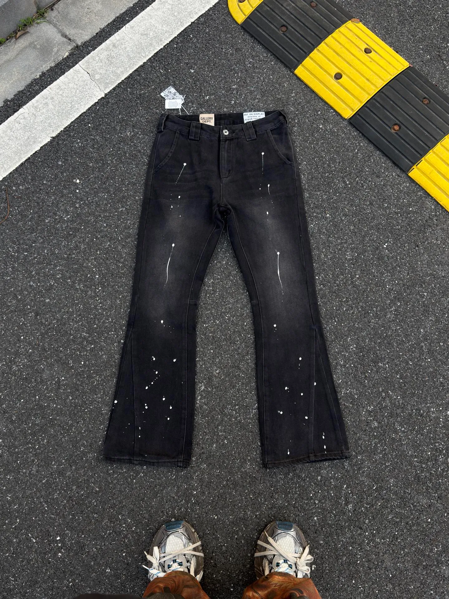 P240💰GA07 Top heavy industry GALLERY DEPT. Spliced ​​ink splash back logo washed retro jeans men and women high street splash ink pants micro-flared casual trousers trendy couple same style Size: 28 30 32 34 36 (corresponds to S M L XL XXL)